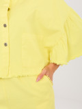 Short yellow denim jacket with ruffle and 3/4 sleeves