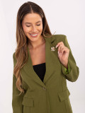 Elegant olive green blazer with brooch