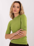 Olive green sweater with mock turtleneck and short sleeves