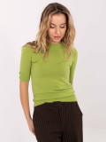 Olive green sweater with mock turtleneck and short sleeves