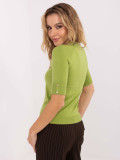 Olive green sweater with mock turtleneck and short sleeves