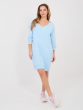 Light Blue Cotton Dress with 3/4 Sleeves and V-Neckline