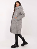 Long grey quilted coat with hood