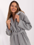 Stylish grey transitional coat with hood and belt