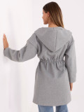 Stylish grey transitional coat with hood and belt