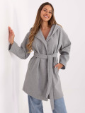 Stylish grey transitional coat with hood and belt