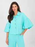 Short denim jacket with ruffle in turquoise