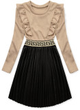 Beige dress with leather pleated skirt