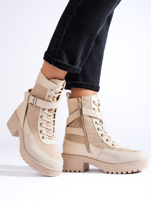 Beige ankle boots with lacing and zip