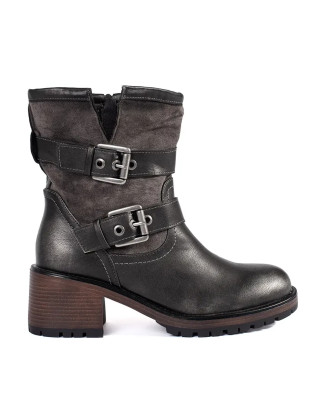 Dark Brown Metallic Ankle Boots with Heels and Buckles