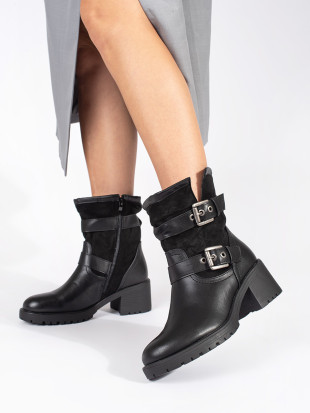Black Women's Ankle Boots with Heels and Buckles