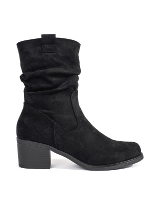 Black Women's Ankle Boots in Cowboy Style with Ruffled Shaft
