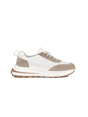 Leather Perforated Sports Shoes with Thick Sole in White-Beige