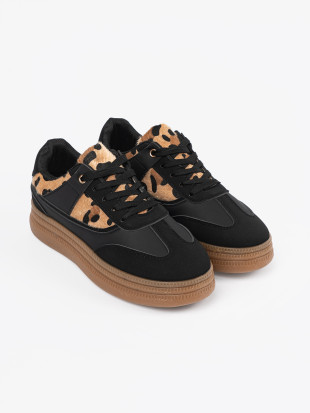 Women's Black Sneakers with Leopard Details
