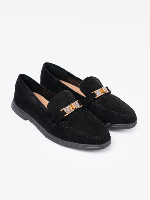 Black Suede Moccasins with Elegant Gold Decoration