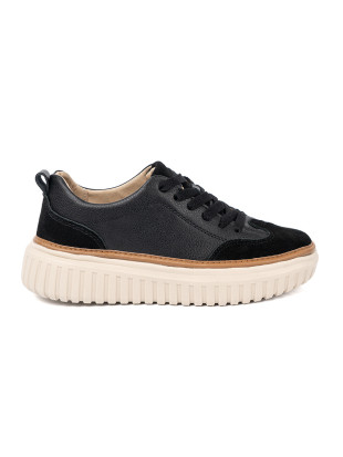 Black Leather Sneakers on Beige Platform