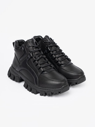 Black Lace-Up Ankle Boots with Thick Sole