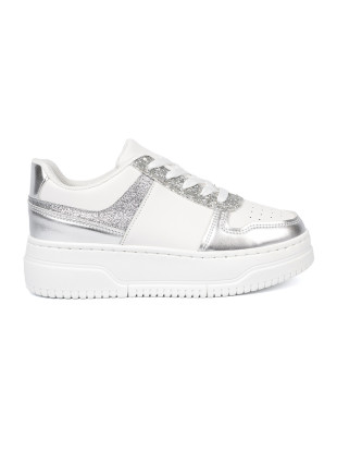 White-Silver Sneakers with Shiny Details
