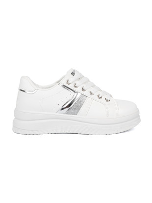 White Sneakers with Metallic Silver Accent