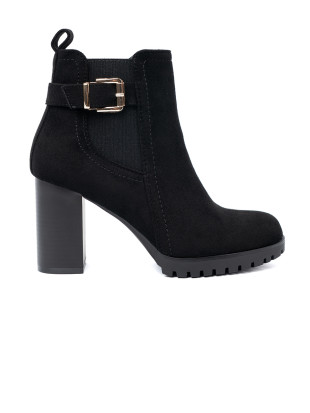 Black Ankle Boots with Block Heel and Decorative Buckle