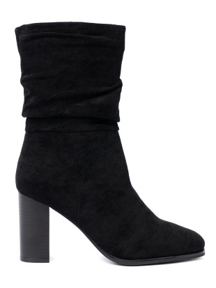 Black Ankle Boots with Block Heel and Gathered Shaft