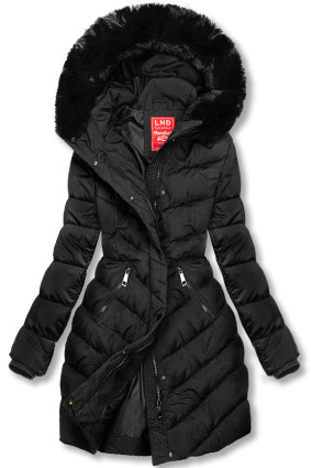 Black winter jacket shaped for wider hips