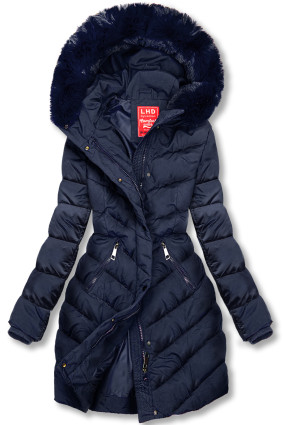 Dark blue winter jacket shaped for wider hips