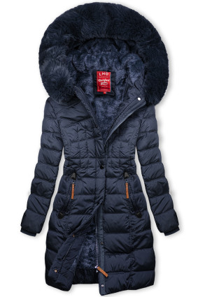 Dark blue winter jacket with plush and faux fur