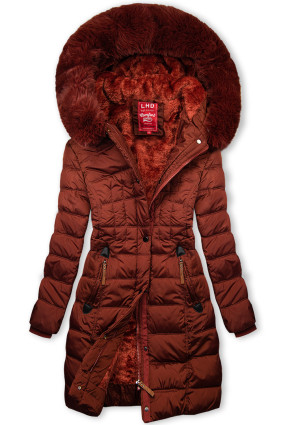 Brick brown winter jacket with plush and faux fur