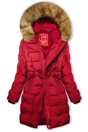Red winter jacket with drawstring waist