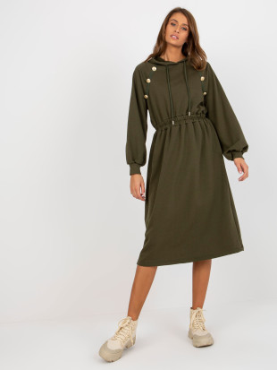 Khaki Midi Flared Sweat Dress with Buttons