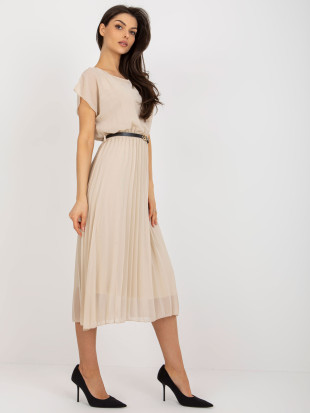 Beige Midi Dress with Flared Cut and Pleats