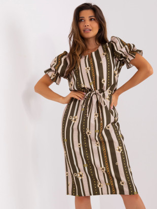 Khaki Midi Dress with Print and Short Sleeves