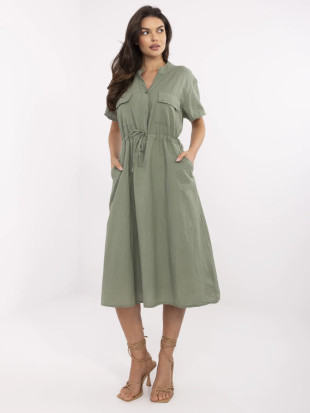 Khaki Flared Dress with Short Sleeves