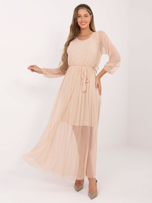 Beige maxi dress with appliqué and belt