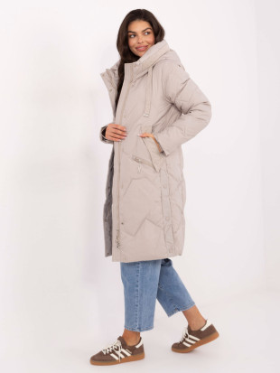Beige Long Quilted Coat with Hood