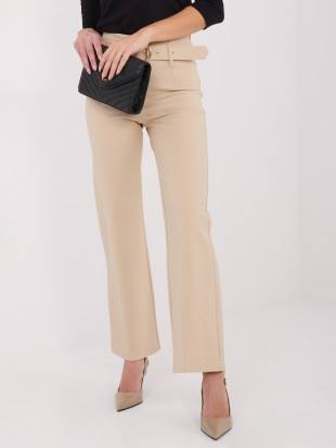 Beige elegant straight-leg trousers with high waist and belt
