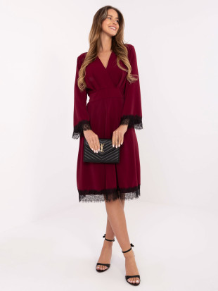 Burgundy midi dress with lace and wrap neckline