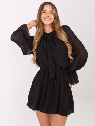 Black flared mini dress with ruffle and jabot