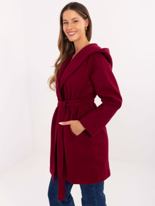 Burgundy transitional coat with hood and belt