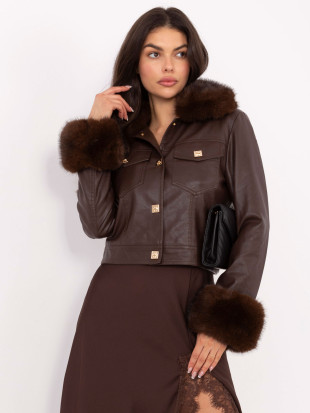 Short brown faux leather jacket with lining