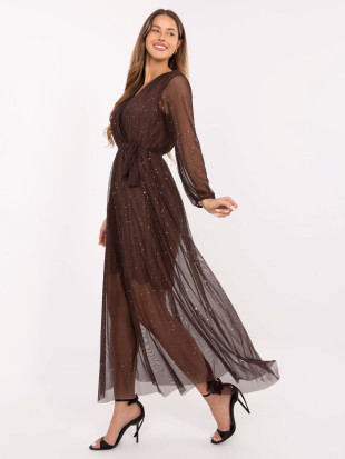 Brown maxi dress with appliqué and belt