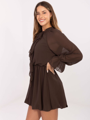 Brown flared mini dress with ruffle and jabot