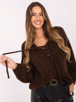 Brown knitted sweater with lace-up neckline