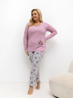 Women's floral pajama set, long sleeve, pink