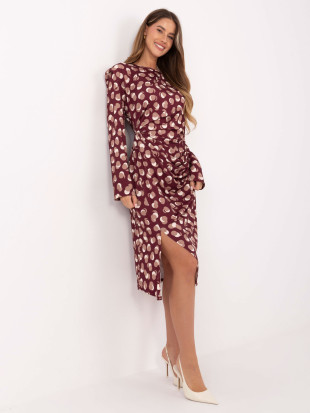 Burgundy midi dress with geometric pattern and long sleeves