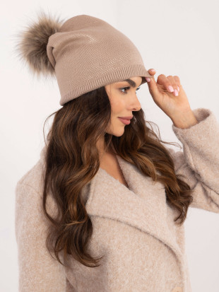 Beige Winter Hat with Pompon