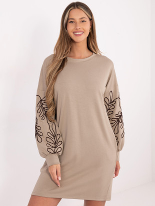 Beige short dress with embroidery and puff sleeves