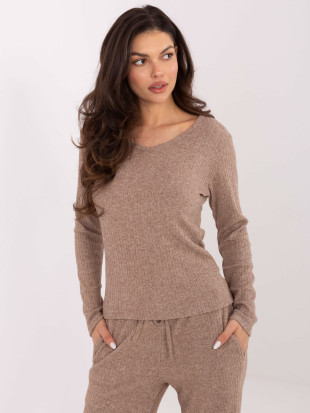 Beige Ribbed V-Neck Sweater