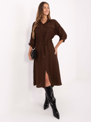 Brown flared midi dress with collar and pockets